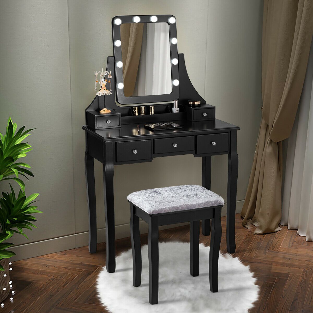 Vanity Mirrored Dressing Table Makeup Desk with 5 Drawer and Stool